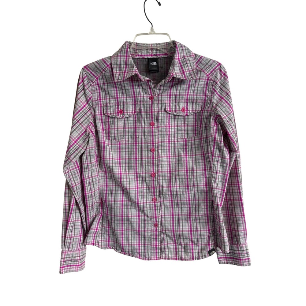 The North Face Womens Pink Plaid‎ Long Sleeve Hiking Shirt Mesh Back Medium